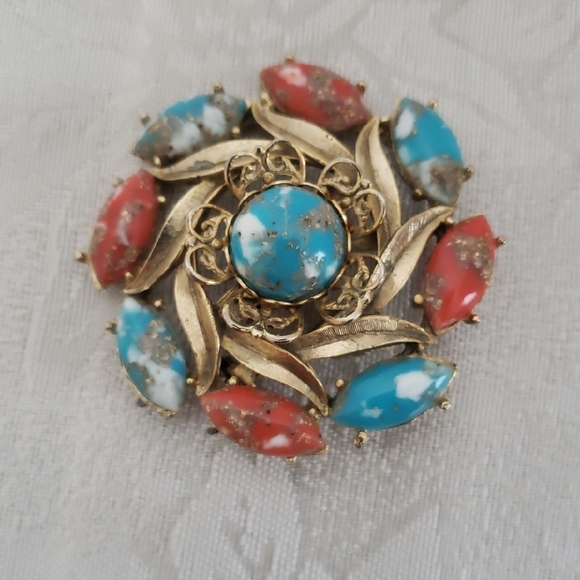 Vintage Jewelry - Vintage Gold colored Floral Brooch with Turquoise and Coral Accents